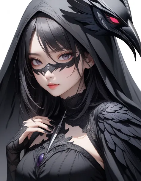 1girl, black choker, black costume, purple and gray details, raven details, long nails, raven mask, simple background, solo, whi...