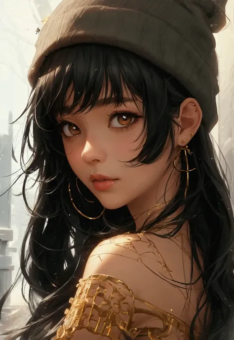 1girl, solo, long hair, black hair, written clothes, brown eyes, looking at the viewer, beanie, lips, upper body, closed mouth, shirt, earrings, https://i.postimg.cc/tCDfNDvp/Screenshot-20230606-212445.png, full body portrait, comic illustration in the sty...