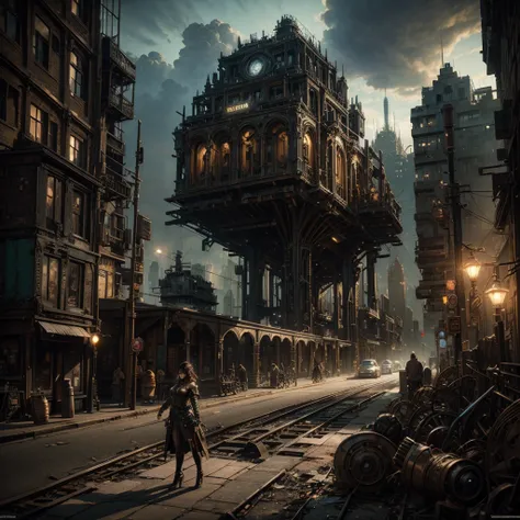 a steampunk woman, intricate machinery, abandoned urban landscape, surreal figures, cinematic lighting, hyper-realistic, 8k, ultra-detailed, masterpiece, cinematic composition, dramatic shadows, vibrant colors, moody atmosphere, photorealistic, advanced re...