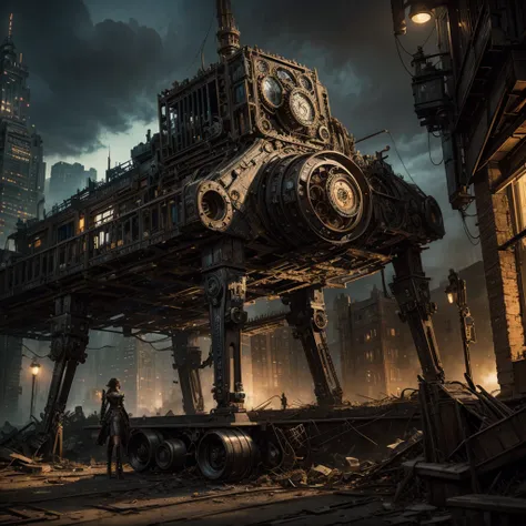 a steampunk woman, intricate machinery, abandoned urban landscape, surreal figures, cinematic lighting, hyper-realistic, 8k, ultra-detailed, masterpiece, cinematic composition, dramatic shadows, vibrant colors, moody atmosphere, photorealistic, advanced re...