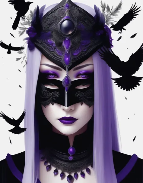 1girl, black choker, black costume, purple and gray details, raven details, long nails, raven mask, simple background, solo, whi...