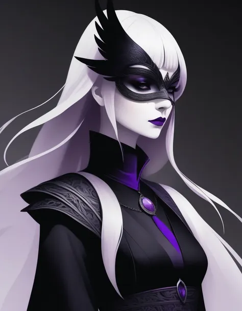 1girl, black choker, black costume, purple and gray details, raven details, long nails, raven mask, simple background, solo, whi...