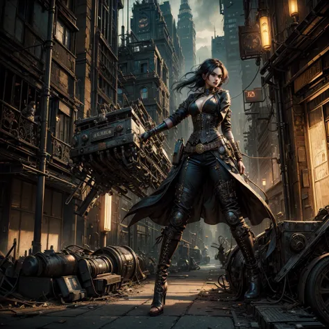 a steampunk woman, intricate machinery, abandoned urban landscape, surreal figures, cinematic lighting, hyper-realistic, 8k, ultra-detailed, masterpiece, cinematic composition, dramatic shadows, vibrant colors, moody atmosphere, photorealistic, advanced re...