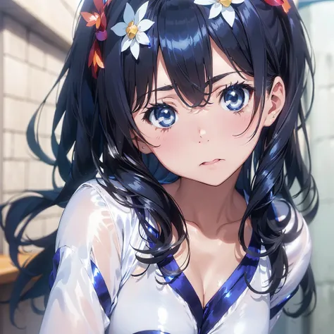 1womanl,Black hair,14years ,((Impatient expression)),Beautiful breasts,(((Sexy magical girl white and blue shiny bodysuit)))(())(((Blushing cheeks、Surprised look)),(((Satin Narico))),((( portlate))),we have blue eyelashes)))()Street,Crowds(magical girl hai...