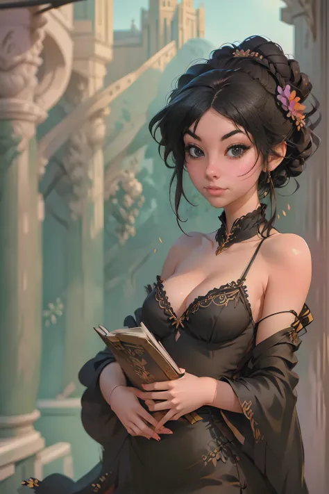 a painting of a woman in a black dress holding a book, by Russell Dongjun Lu, artwork in the style of guweiz, guweiz on artstation pixiv, guweiz on pixiv artstation, 🌺 cgsociety, by Yanjun Cheng, guweiz masterpiece, gothic princess portrait, cgsociety 4k”,...