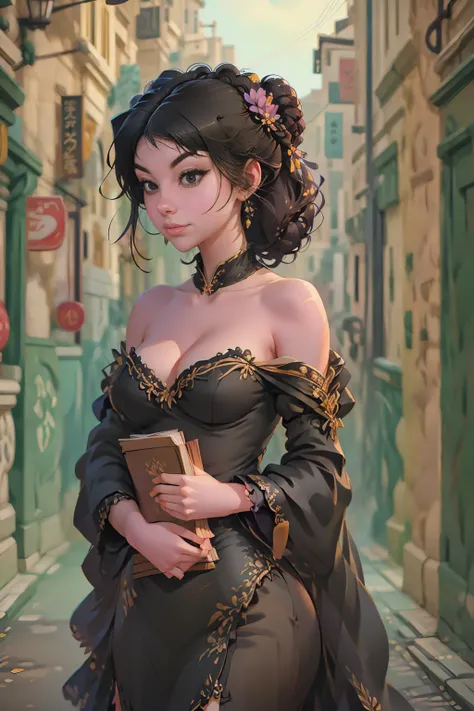 a painting of a woman in a black dress holding a book, by Russell Dongjun Lu, artwork in the style of guweiz, guweiz on artstation pixiv, guweiz on pixiv artstation, 🌺 cgsociety, by Yanjun Cheng, guweiz masterpiece, gothic princess portrait, cgsociety 4k”,...