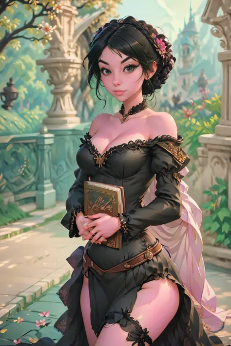 a painting of a woman in a black dress holding a book, a character portrait by Russell Dongjun Lu, Artstation, gothic art, artwork in the style of guweiz, guweiz on artstation pixiv, guweiz on pixiv artstation, 🌺 cgsociety, guweiz masterpiece, gothic princ...