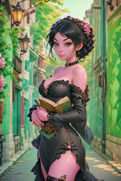 a painting of a woman in a black dress holding a book, a character portrait by Russell Dongjun Lu, Artstation, gothic art, artwork in the style of guweiz, guweiz on artstation pixiv, guweiz on pixiv artstation, 🌺 cgsociety, guweiz masterpiece, gothic princ...