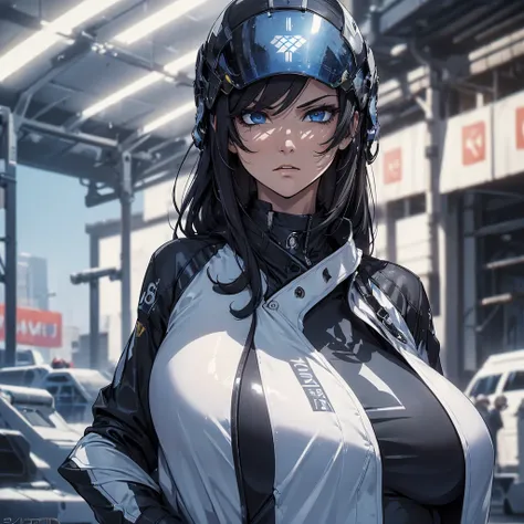 (((masterpiece))),(((High resolution)))、(((8K)))、(((beautiful woman racer))), ((racing suit)), ((top quality eyes)), ((detailed face)), ((detailed texture)), short black hair, blue eyes, angry face, space station, look at the camera, cyber helmet