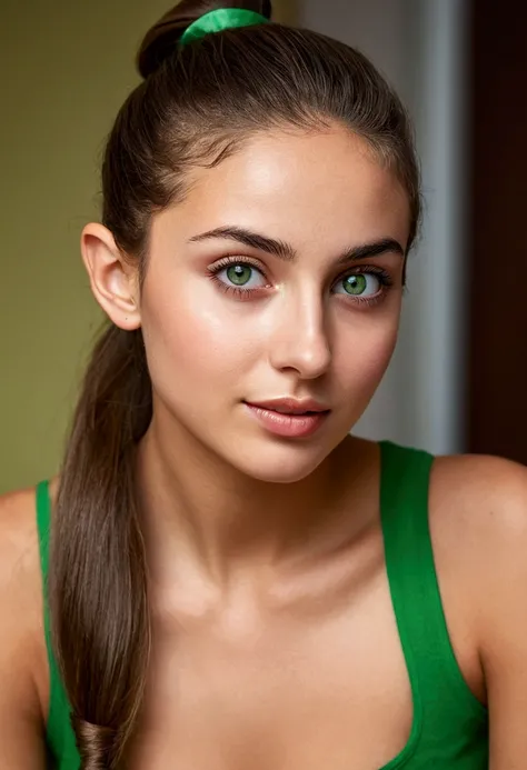 Highest quality, masterpiece, (Realistic: 1.2), 20 year old italian woman, Healthy Body, Modern Style, Inside the room, Detailed face, Detailed eyes, Sitting, Green Eyes, Thin lips, High Ponytail, Happy expression, Detailed skin, (View your viewers, dramat...