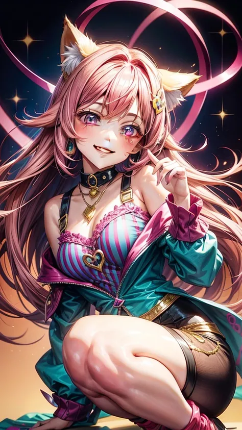 Magenta pink hair, brown eyes, older woman, hair ornaments, cat ears, long hair, smiling face, teal and gold outfit, pretty background, sexy, fashion