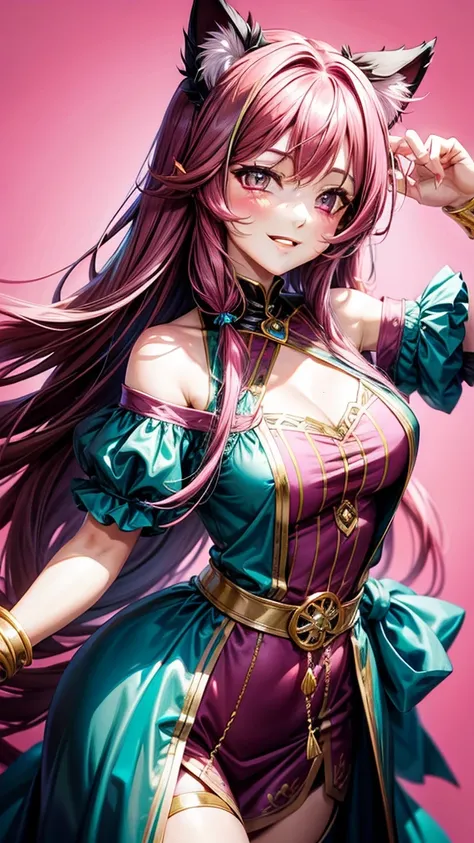 Magenta pink hair, brown eyes, older woman, hair ornaments, cat ears, long hair, smiling face, teal and gold outfit, pretty background, sexy, fashion