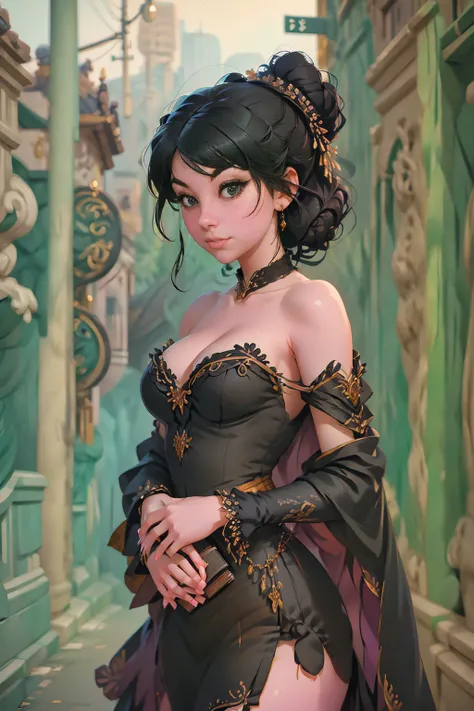 a painting of a woman in a black dress holding a book, a character portrait by Russell Dongjun Lu, Artstation, gothic art, artwork in the style of guweiz, guweiz on artstation pixiv, guweiz on pixiv artstation, 🌺 cgsociety, guweiz masterpiece, gothic princ...