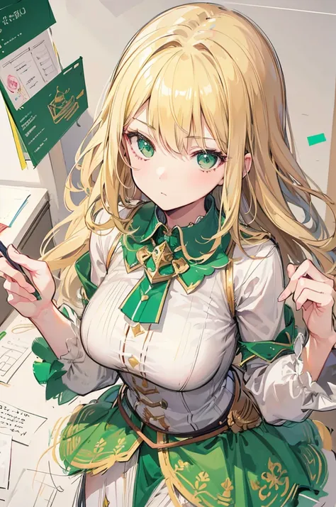 1 girl, blond hair, green eyes, multiple views, pencil sketch, (sketch:1.25), best quality, Line draft, highres, (ultra-detailed:1.1), (illustration:1.1), (solo), perfectly drawn hands, standing, cohesive background, paper, action, (character design:1.1)