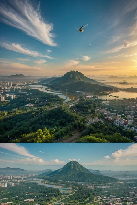 generate picture of Golden Triangle with bird eye view and in picture can see three land : Thai, Myanmar, Laos