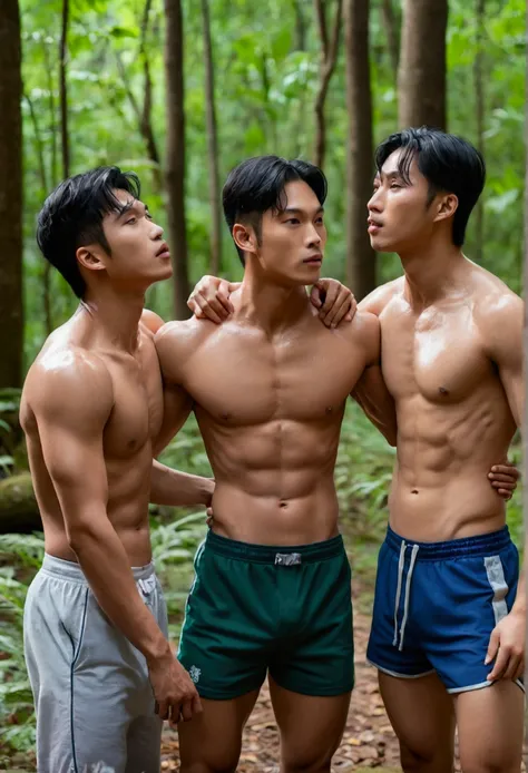 3 young Asian men , 25 years , handsome , prince , Beautiful muscles , fit, three people in the forest, bare, not wearing clothes , bareเปล่า, hug and kiss, big penis, Soaked in sweat