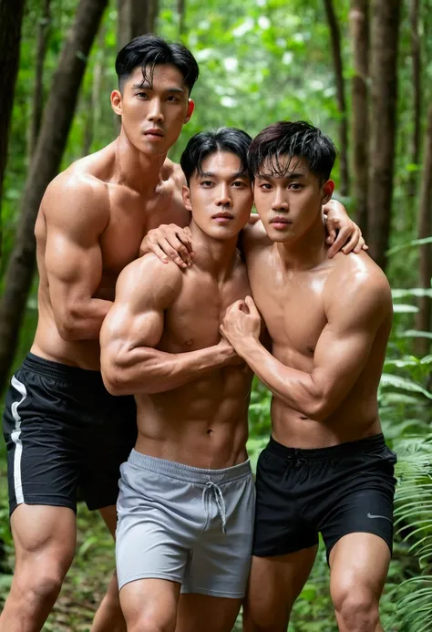 3 young Asian men , 25 years , handsome , prince , Beautiful muscles , fit, three people in the forest, bare, not wearing clothes , bareเปล่า, hug and kiss, big penis, Soaked in sweat