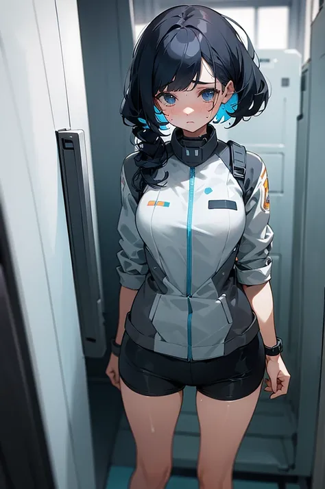 white, sad tears, sweat, device room,operator uniform, standing, perfect anatomy, cg, girl, solo, teenage