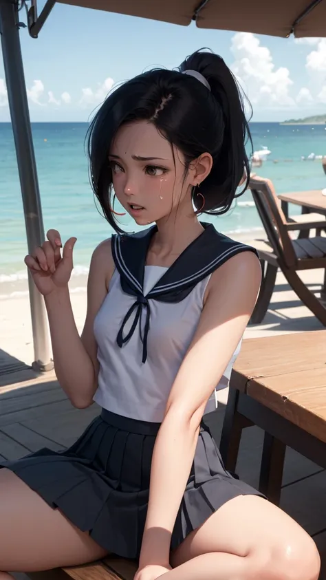 Masterpiece, top quality, earrings, sailor suit, skirt, black hair, small breasts, girl, upper body, hot, sweating, sitting, ponytail, looking at camera, sea, summer, facing forward, spreading legs, crying