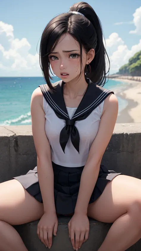 masterpiece, top quality, earrings, sailor suit, skirt, black hair, small breasts, girl, upper body, hot, sweating, sitting, pon...