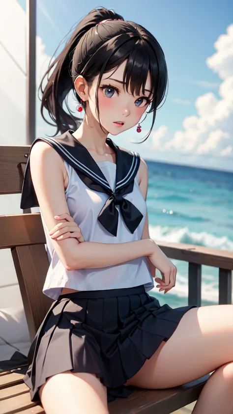 Masterpiece, best quality, earrings, sailor suit, skirt, black hair, small breasts, girl, upper body, hot, sweating, sitting, ponytail, looking at camera, sea, summer, facing forward, spreading legs, frustrated