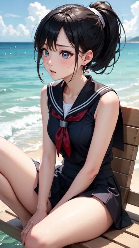 Masterpiece, best quality, earrings, sailor suit, skirt, black hair, small breasts, girl, upper body, hot, sweating, sitting, ponytail, looking at camera, sea, summer, facing forward, spreading legs, frustrated