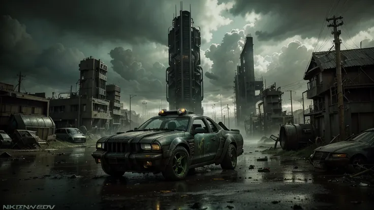 post apocalyptic cyber punk junkyard, dark scifi style, black clouds of smoke, oil floor, hyper realistic, green filter, cyborg cemetery greg rutkowski art poster swamp town, photo realistic
