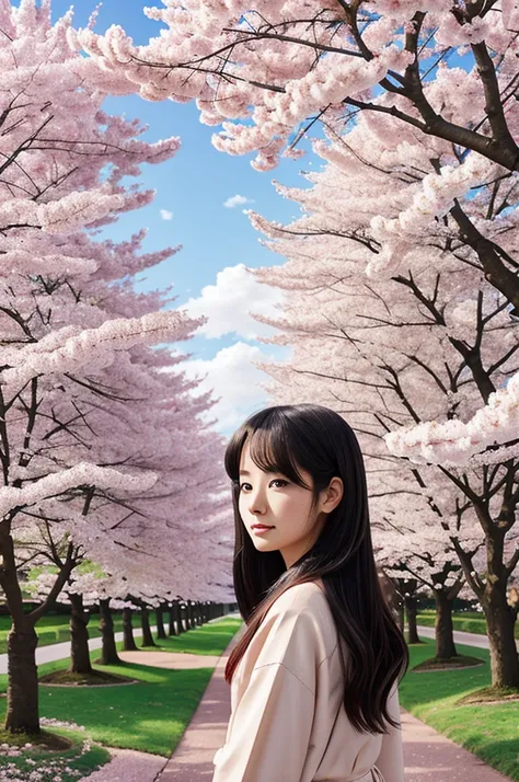 Usagi Tsukino digital art, cherry blossom trees background 