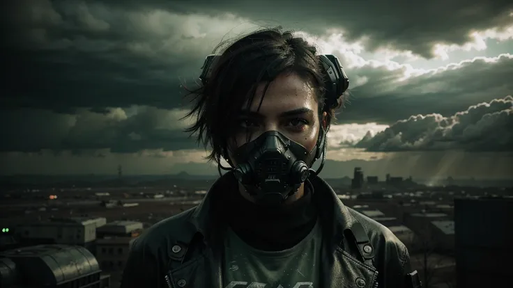 post apocalyptic cyber punk, dark scifi style, black clouds of smoke, hyper realistic, green filter, photo realistic
