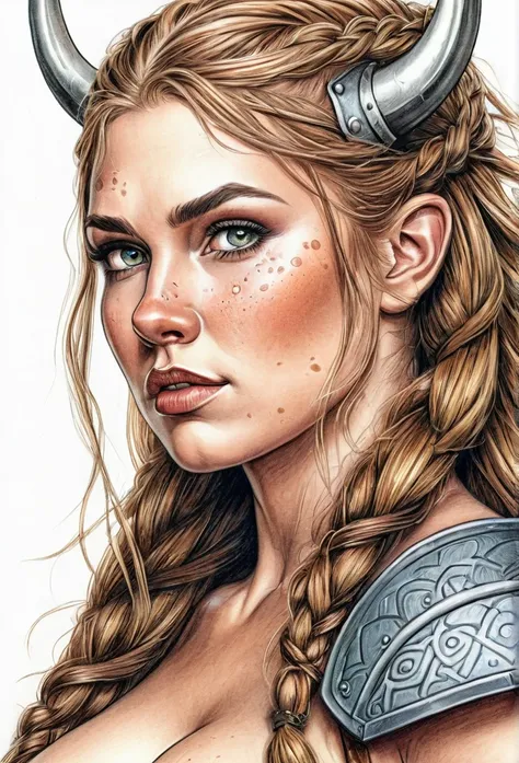 Pornographic color pencil sketch of a Viking character with scars of war, erotic image of a naked Viking woman, cartoon art style, digital illustration style, highly detailed character design, courage detailed digital art, Forest fan art, Portrait Characte...