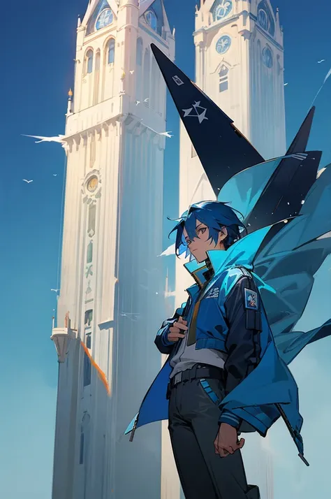 male, blue hair, Tower background, jet jacket