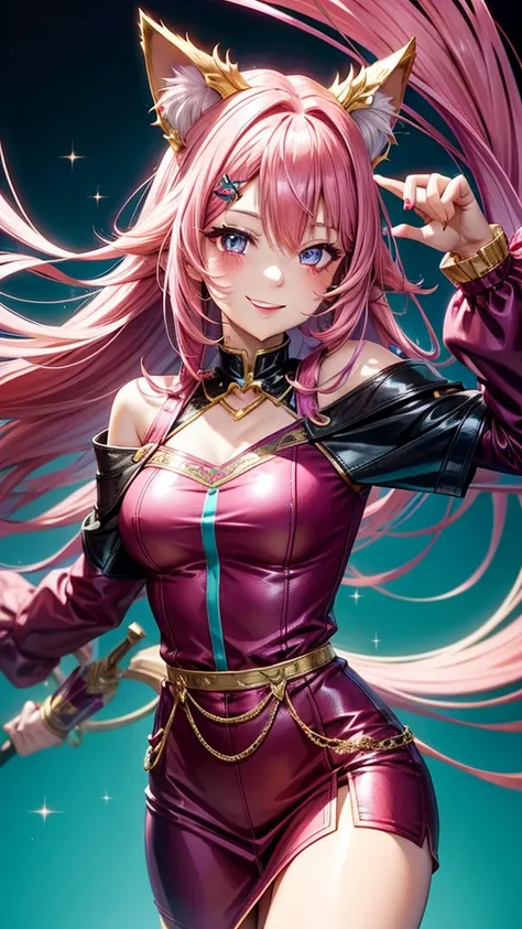 Magenta pink hair, brown eyes, older woman, hair ornaments, cat ears, long hair, smiling face, teal and gold outfit, pretty background, sexy, fashion