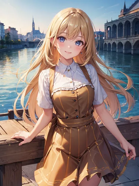 (masterpiece:1.5),(Beat quality),(high res),1girl solo,beautiful face,smile(shining eyes),upper body,light effects,Plainclothes woman,Riverbank in the evening