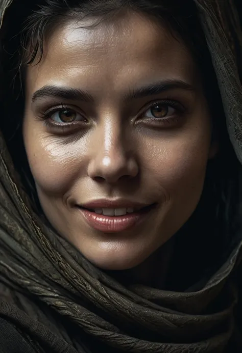 close-up, editorial photograph of a woman, highly detailed face:1.4, smile:0.7, background inside dark, moody, private study:1.3, POV, by lee jeffries, nikon d850, film stock photograph ,4 kodak portra 400 ,camera f1.6 lens ,rich colors ,hyper realistic ,l...