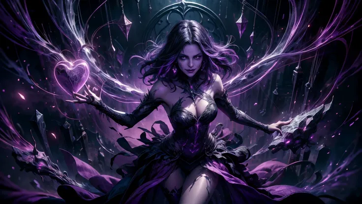 From  above, High view shot, in the heart of an evil fantasy world, a young sexy woman with a dark purple style haircut, half purple half black hair, dark witch sexy clothes, dark purple magical aura, Evil smile. In a cursed dungeon, with cursed walls mark...