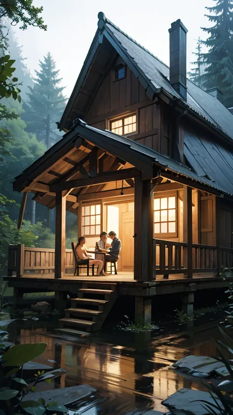 A couple is romancing naked inside a wooden house in the middle of the forest. It is evening.