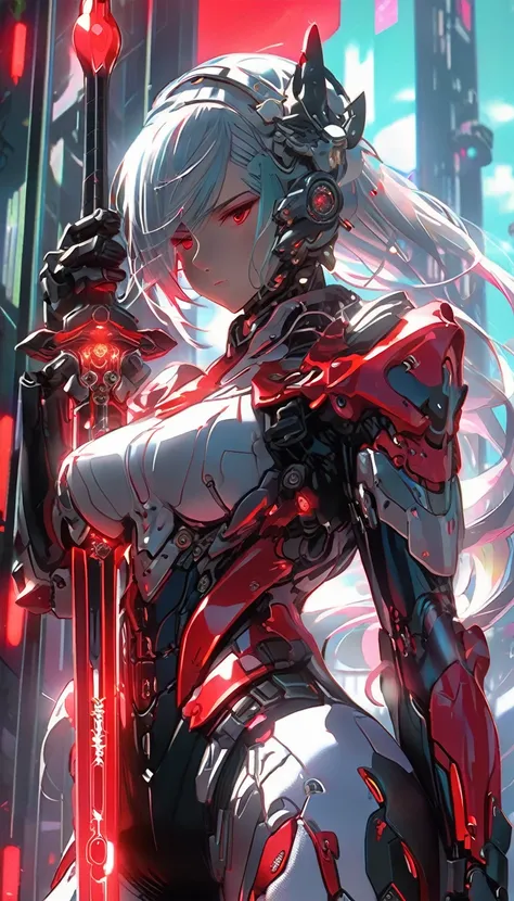 
anime girl in white suit holding a red light, cyborg - girl with silver hair, chris moore. artgerm, ghost in the shell art style, ghost in the shell style, beautiful female android!, hajime sorayama designed girl, in white futuristic armor, moebius + artg...