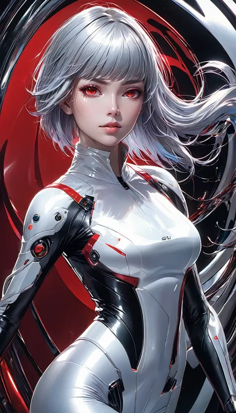 
anime girl in white porcelain-like suit holding a red light, cyborg - girl with silver hair, chris moore. artgerm, ghost in the shell art style, ghost in the shell style, beautiful female android!, hajime sorayama designed girl, in white futuristic armor,...