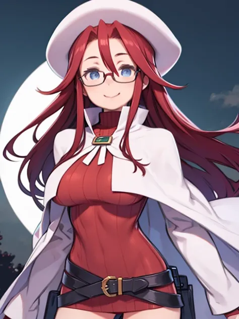 One Girl、Red hair、long hair、Hair between the eyes、Blue Eyes、Big Breasts、Huge breasts、Red turtleneck sweater、beret、Cape、Glasses、Are standing、Front view、Smiling、full moon、