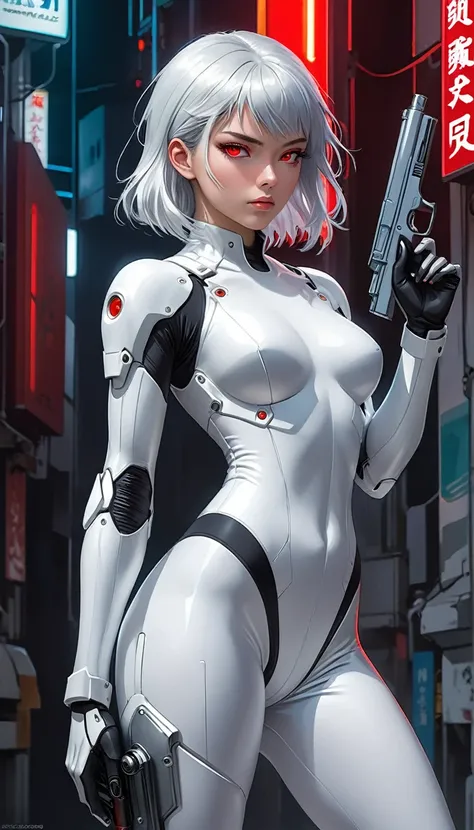 anime girl in white porcelain-like suit holding a red light, cyborg - girl with silver hair, chris moore. artgerm, ghost in the shell art style, ghost in the shell style, beautiful female android!, hajime sorayama designed girl, in white futuristic armor, ...