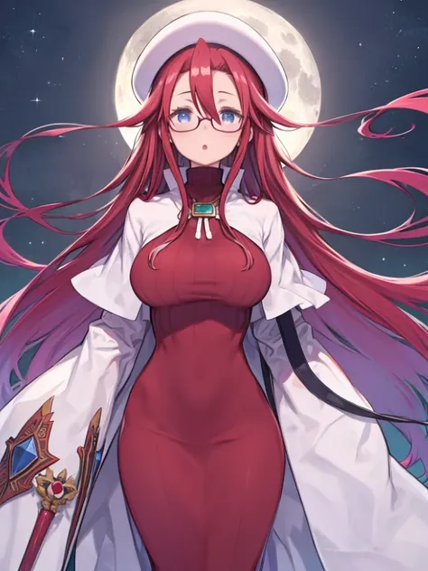 One Girl、Red hair、long hair、Hair between the eyes、Blue Eyes、Big Breasts、Huge breasts、Red turtleneck sweater、beret、Cape、Glasses、Are standing、Front view、full moon、△ Mouth、blush、