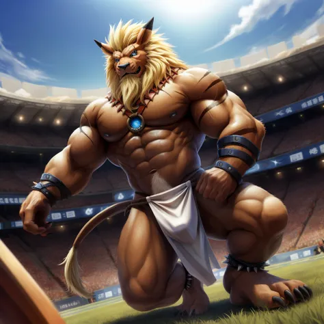 Furry, Kemono, Leon, Leomon, Digimon, solo, Antro body, Bigg Ass, Male Bulge, masculine, Full body, Feet, Braided Mane, Black leather harness, Spiked Anklet, White fitted fundoshi, (white Fundoshi) , Roman arena with public in the stands, Blue Sky Backgrou...