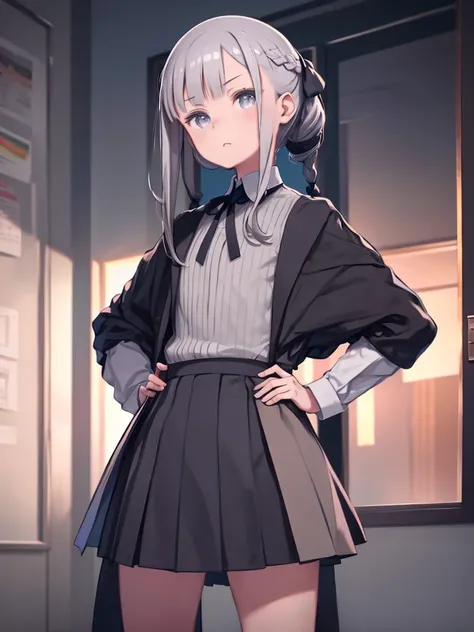 masterpiece, Highest quality, High resolution, One girl, alone, uniform, Braided Ponytail, Single Blade, Grey Eyes, Grey Hair, Black tie, Blue ribbon, Brown Skirt, Hands on hips, :3, Cowboy Shot, Are standing,