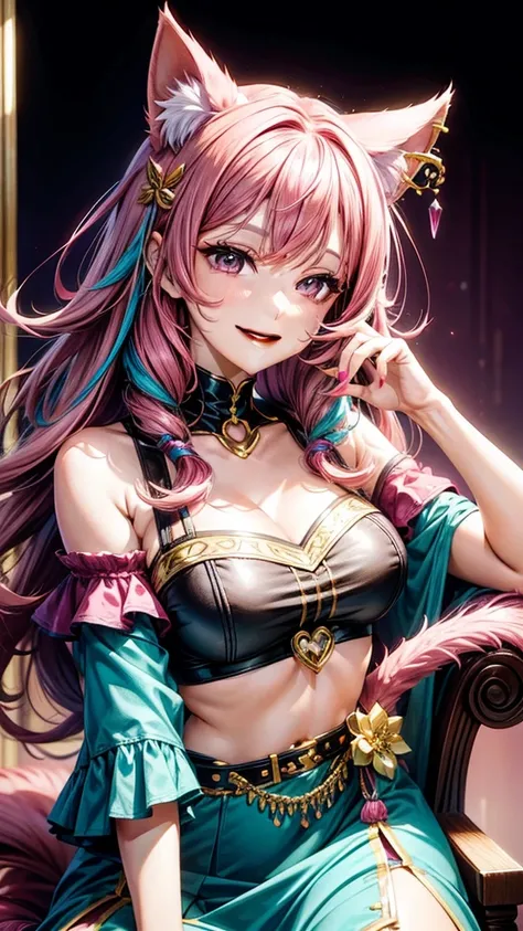 Magenta pink hair, brown eyes, older woman, hair ornaments, cat ears, long hair, smiling face, teal and gold outfit, color background, sexy, fashion, no hair in face