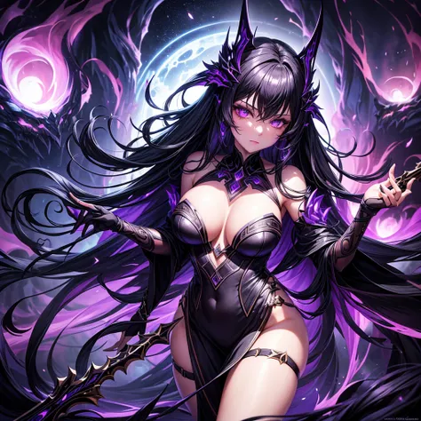 "Create an image of Dark Nexus Valentina from Mobile Legends: Bang Bang. She should be portrayed in her futuristic attire featuring shades of deep purple and black with intricate, otherworldly patterns. Her flowing robes should have a shadowy, almost ether...