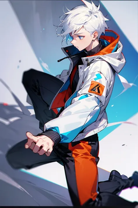 Male, white hair, young adult, Jump jacket