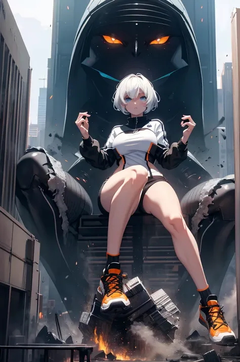 Ginormica,monster vs aliens,short white hair,black and orange track suit,white socks,black sneakers,blue eyes,GtsGiga,Gtscity,Rampage ,Looming, large bosom,ruining 