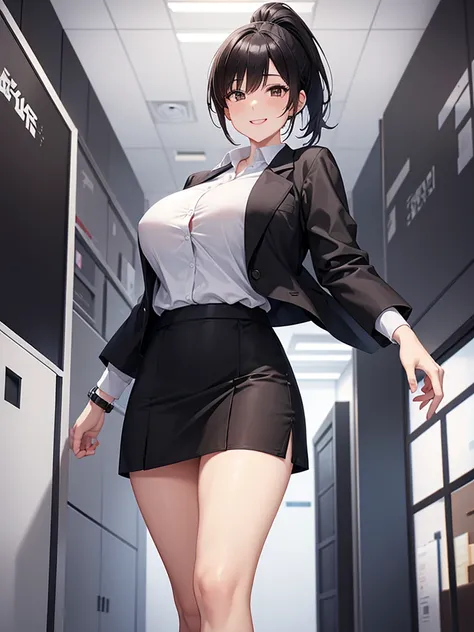 Woman walking in an office district, deformed, gag face, big smile, working adult, white collared shirt, three-quarter sleeves, black skirt, black jacket, short black hair, ponytail:1.9 Straight hair hair tie　Brown eyes, tall, strong-willed, tall and slend...