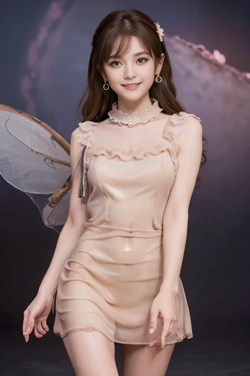 Chocolate fairy tale idol、whole body、good style、、、、Fairy Wings、chocolate covered mini dress. 8K, masutepiece, Raw photo, Best Quality, Photorealistic, Highly detailed CG Unity 8k wallpaper, depth of fields, Cinematic Light, Lens Flare, Ray tracing, (Extrem...