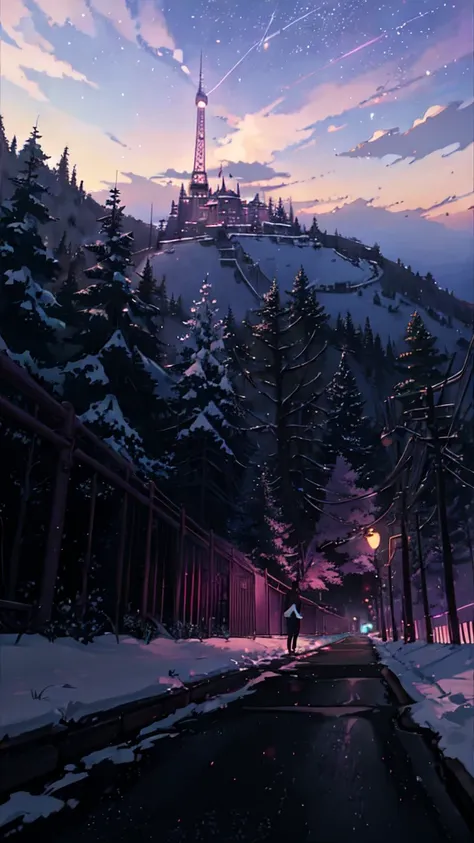 (((Makoto Shinkai style)),pixiv,anime drawing,high quality,pink purple sky,beautiful scene),(universe,train passing,magical realism,((makoto shinkai style)) ::0.8), [Artistic Atmosphere, Atmosphere:0.8, Starry Sky, Hills, Snow Mountain, Sparkling Water, Gr...